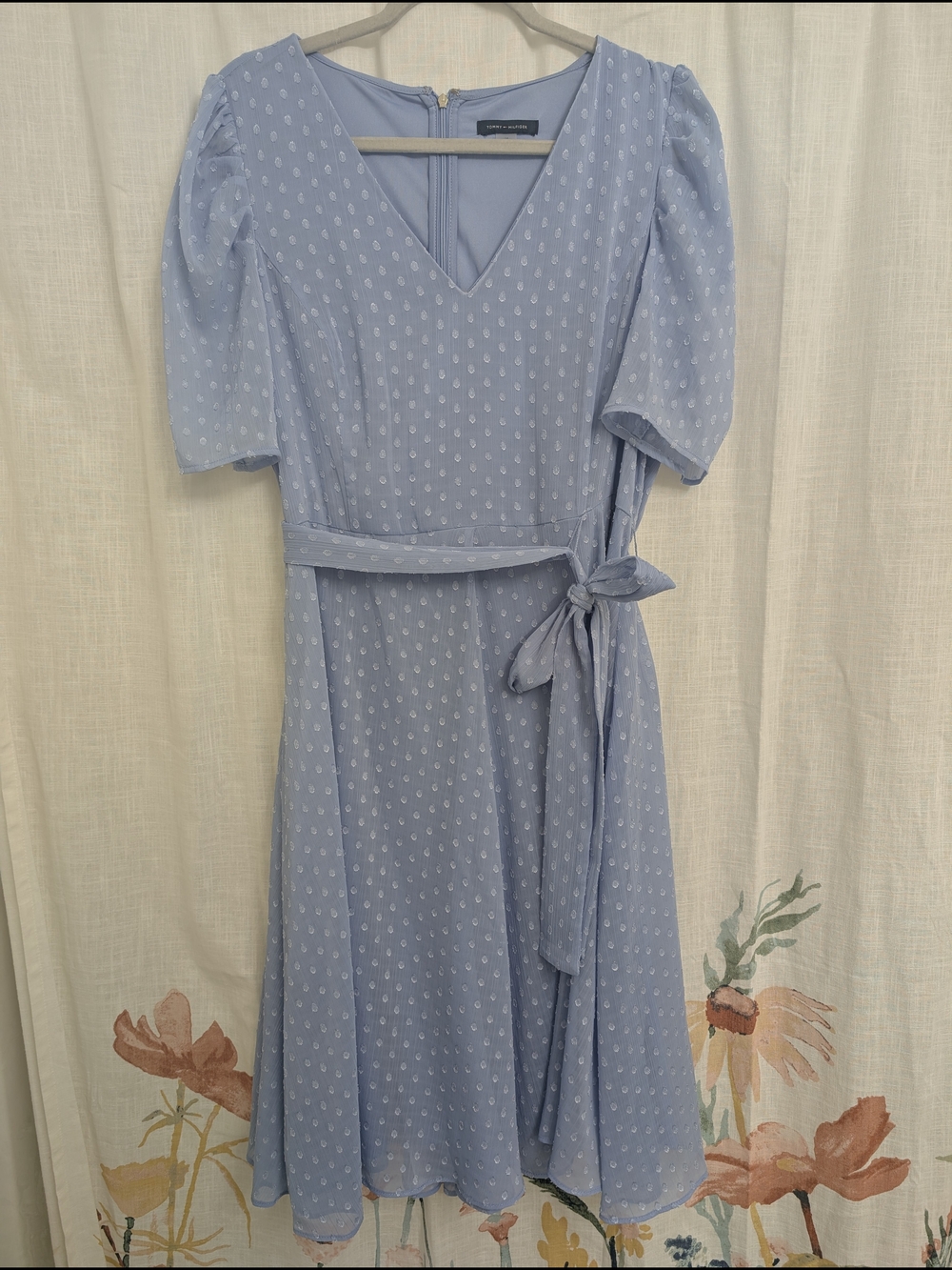 Tommy Hilfiger Size 14 Blue Swiss Dot Dress Puff Sleeve Tie Waist Midi